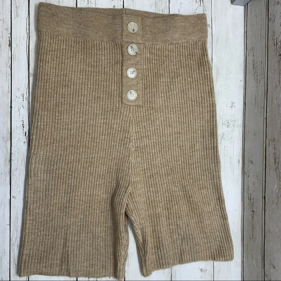 Mable Ribbed Biker Shorts Tan Cream Oatmeal Exposed Buttons - Picture 1 of 9